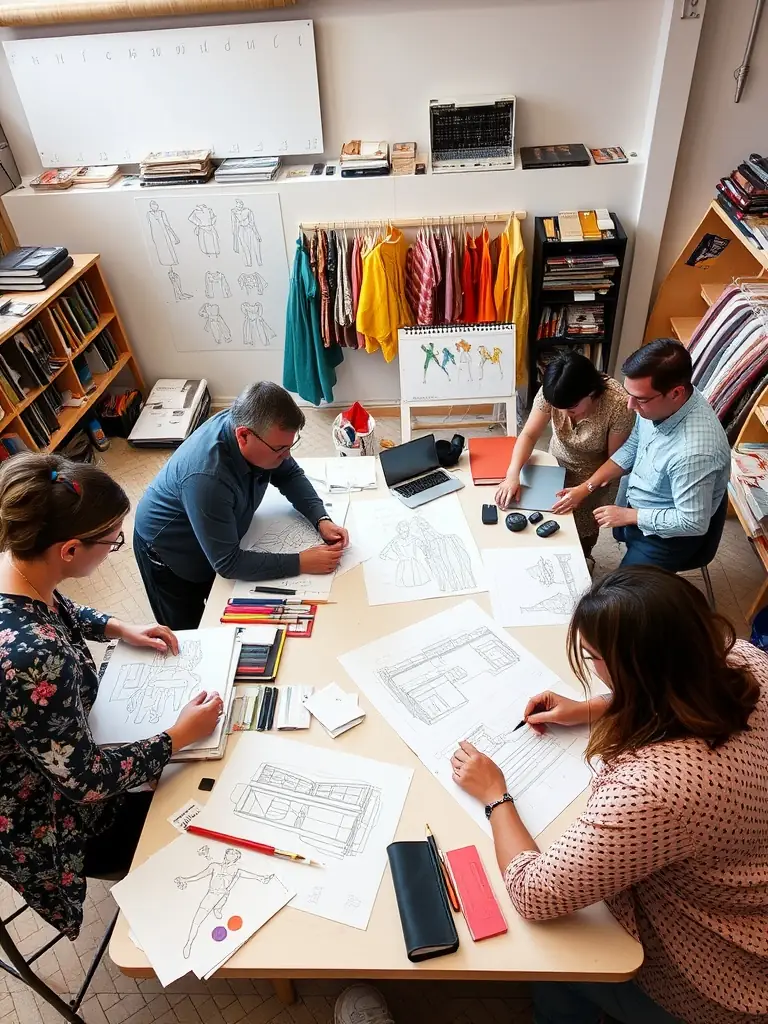 A dynamic image of a scenography project in progress, featuring ATELIER F team members collaborating on set design for a local theater production.