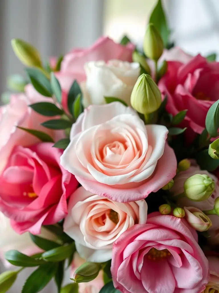 A close-up shot of a floral arrangement created by ATELIER F for a wedding, highlighting the delicate beauty and artistry of the flowers, set against a soft, romantic backdrop.