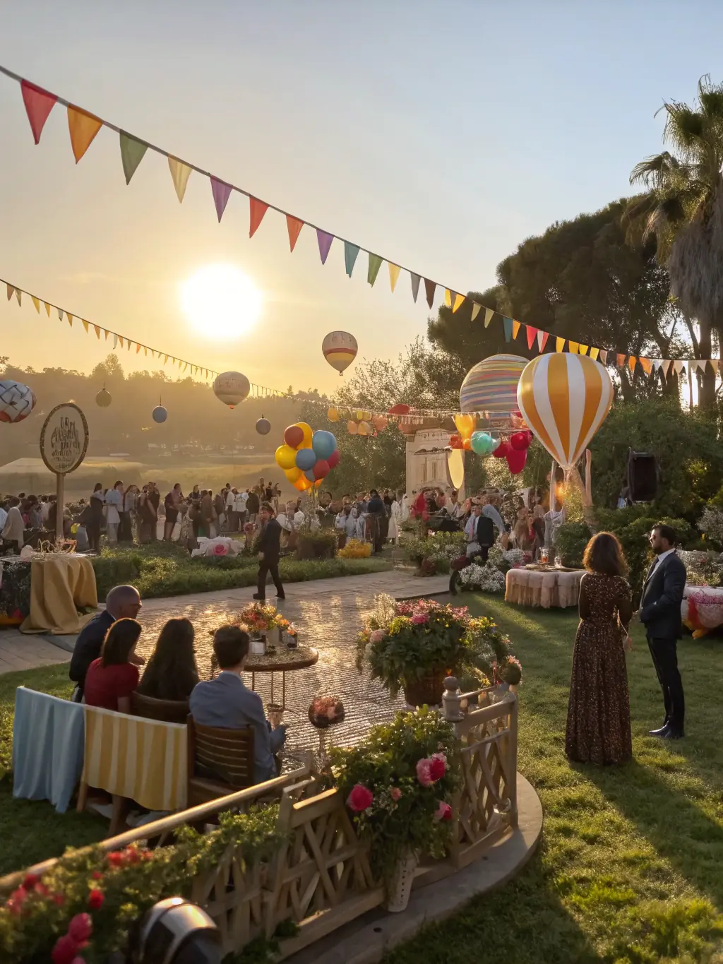 A photo of a community event decorated with floral arrangements and scenography created by ATELIER F, illustrating the organization's role in enhancing local events.