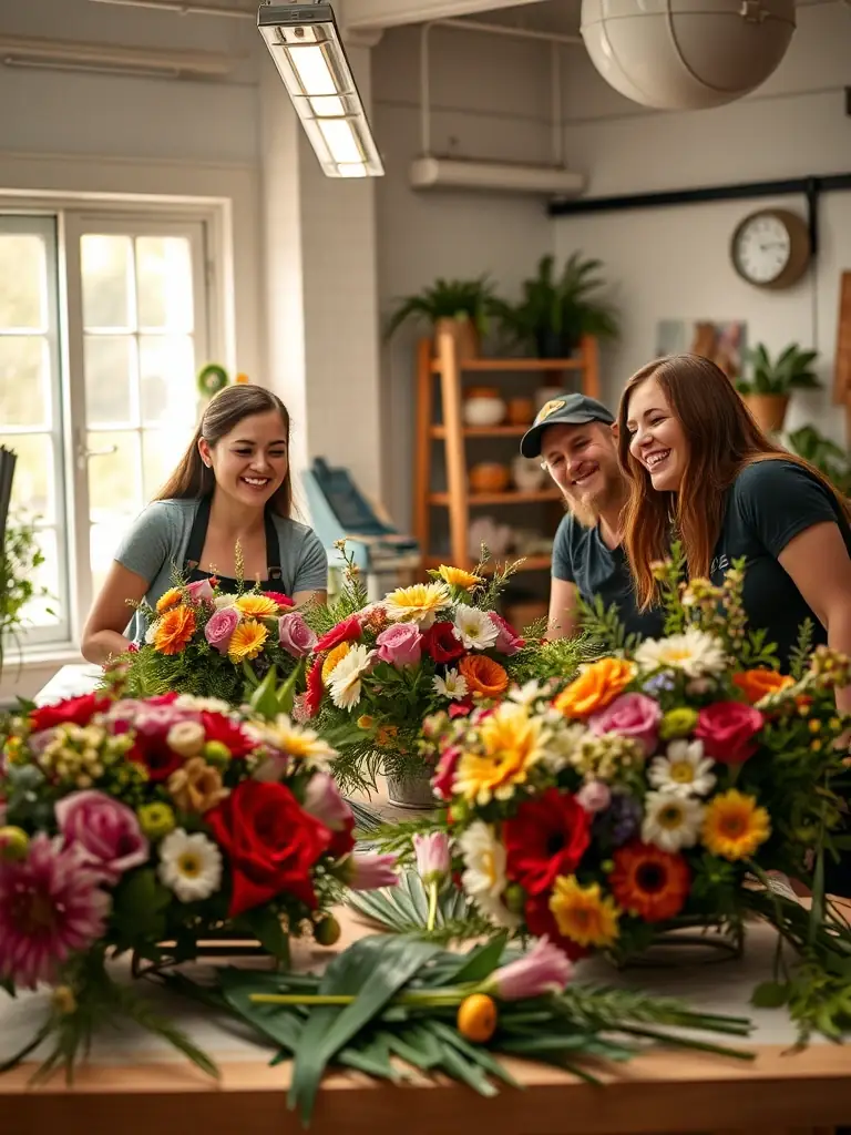 A photograph capturing a diverse group of community members actively participating in a floral arrangement workshop at ATELIER F, showcasing the inclusive and engaging nature of the event.