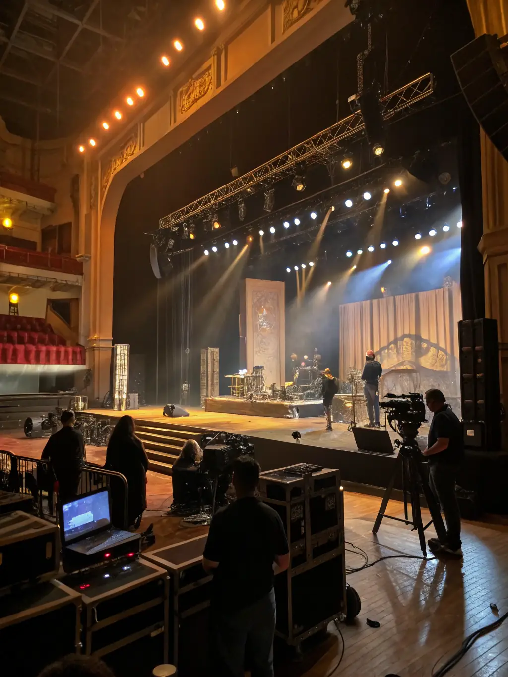 A vibrant photograph showcasing a scenography project by ATELIER F, featuring a theatrical set design with intricate details and creative lighting, used in a local community play.