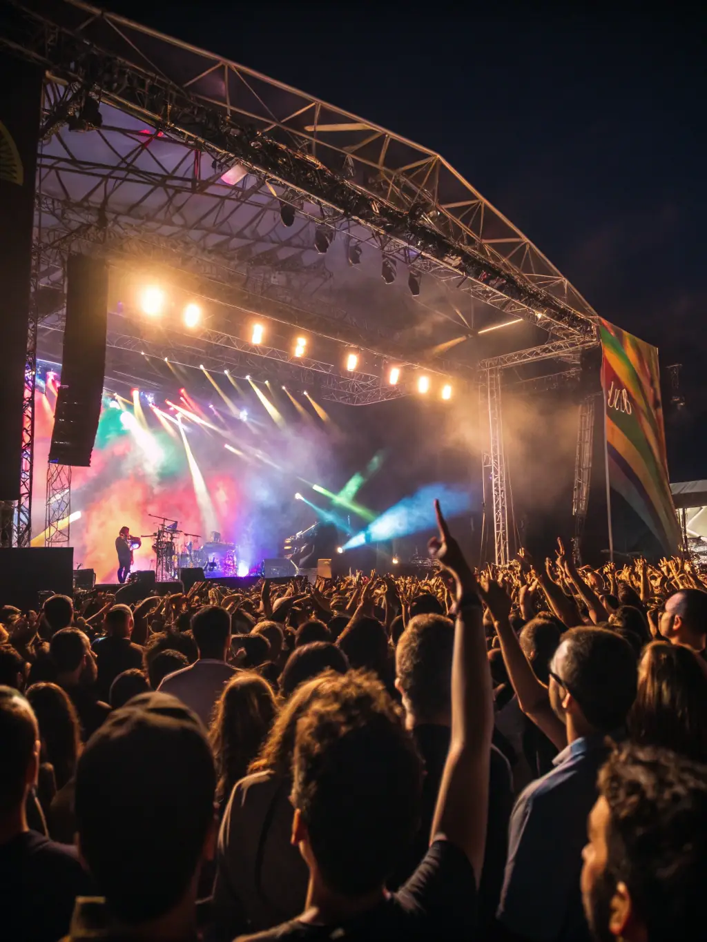 A captivating shot of an ATELIER F-organized cultural event, showcasing a diverse audience enjoying live music and artistic performances in a public space.