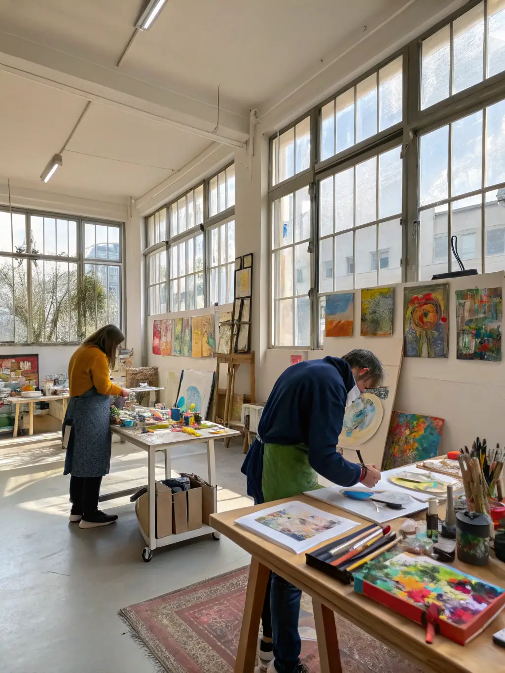 A vibrant image of a scenography project in progress, featuring artists working on a large-scale installation with various materials and tools, set in a spacious workshop.