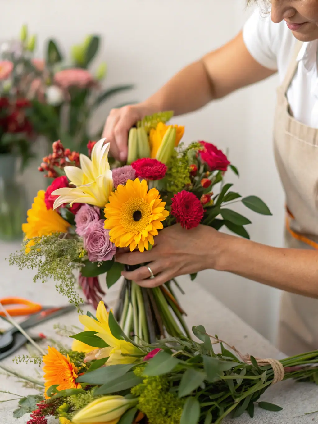 A close-up photograph of a group of participants engaged in a floral arrangement workshop, showcasing diverse ages and backgrounds, set in a brightly lit studio with various flowers and tools visible.